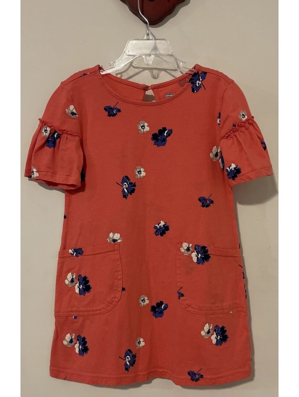 Old Navy Girls Size 5 Pink Floral Cotton Pull-On Short-Sleeve Pocket Dress A5762